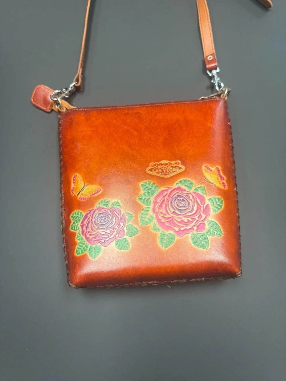 Unk Brown Leather Crossbody with Hand-Painted Floral Motif